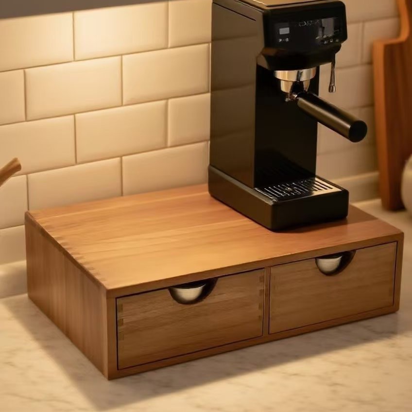 Coffee Equipment Bag - Minimalist masif ahşap kahve makinesi tabanı,